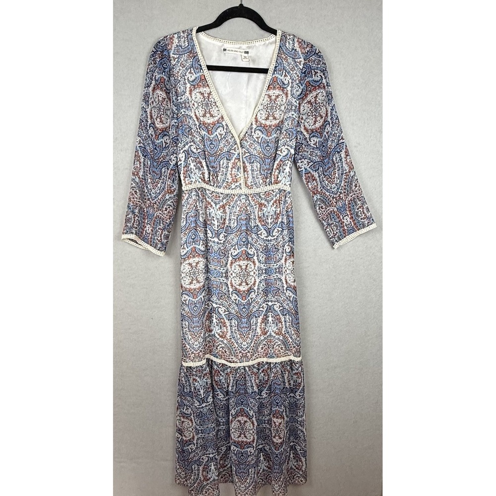 Chelsea & Violet Blue Paisley Crochet Trim VNeck Tiered Maxi Dress Boho Chic Med